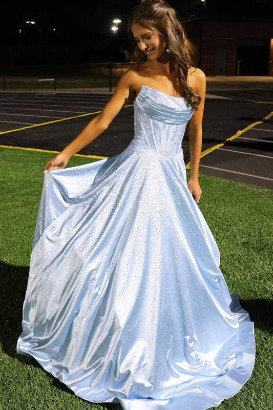Gorgeous A Line Scoop Neck Light Blue Satin Long Prom Dress with Rhinestones VK25100705