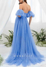 Maternity Sweetheart Off the Shoulder Puff Sleeve Mesh Overlay Wedding Dress