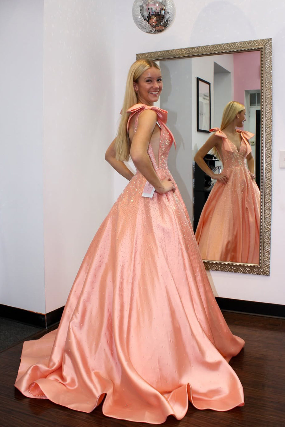 Glitter A Line V Neck Orange Satin Prom Dress with Hot Fix