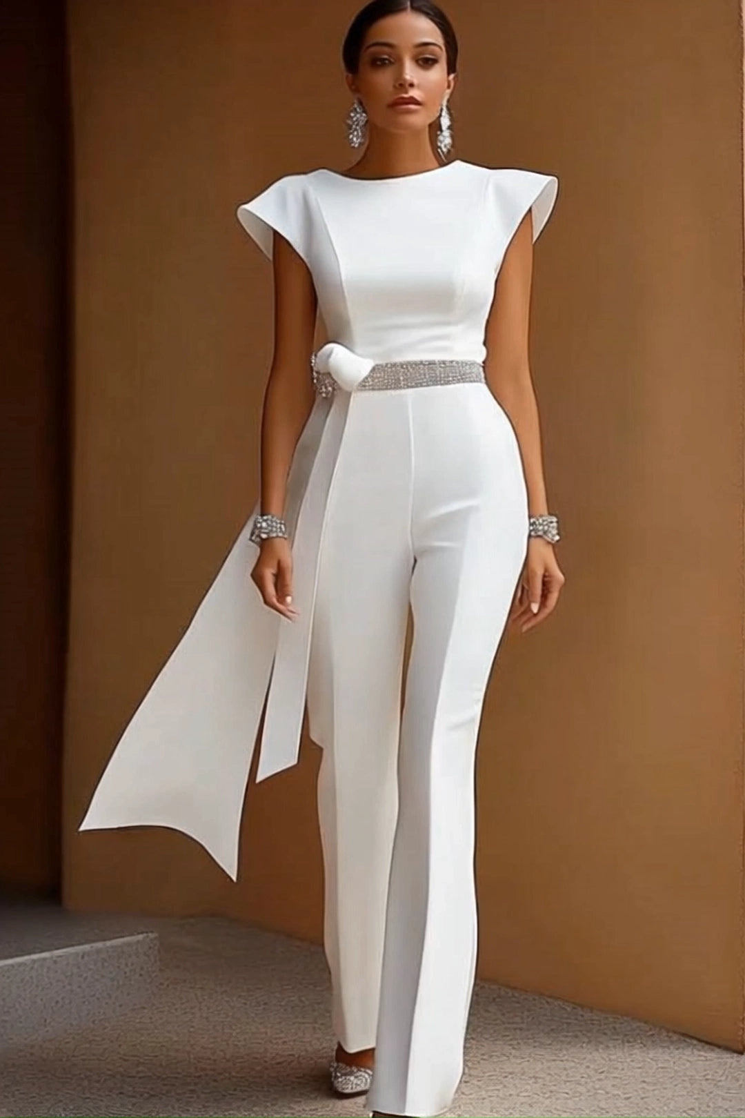 Formal Evening Jumpsuit White Large Bow Silver Waistband Long Pants