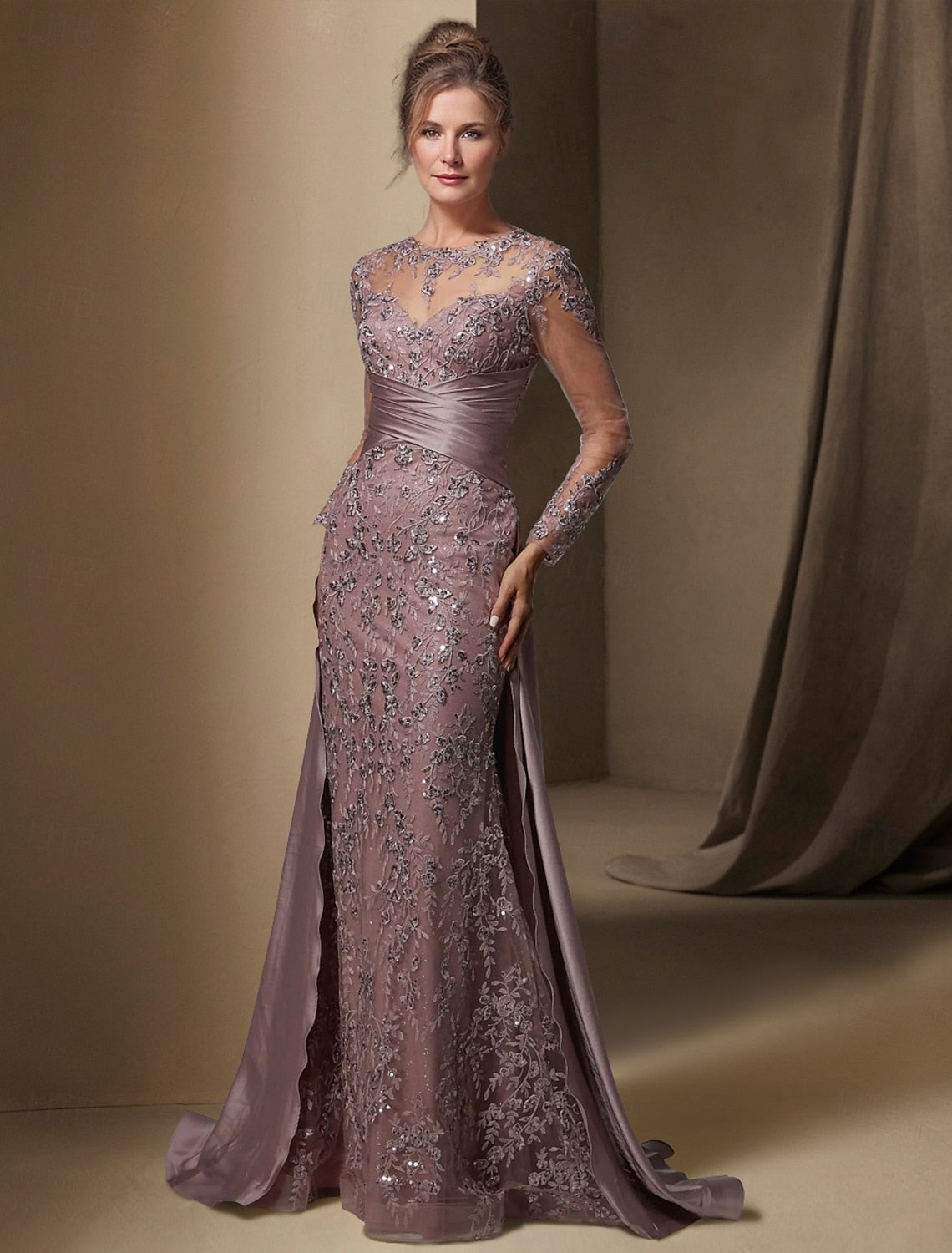 Lace Applique Long Sleeve Mermaid Court Train Evening Dress