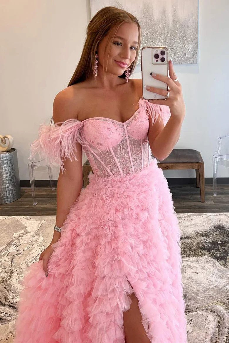 Blush Pink Off-Shoulder Feathered Corset Gown with Layered Ruffle Train