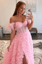 Blush Pink Off-Shoulder Feathered Corset Gown with Layered Ruffle Train