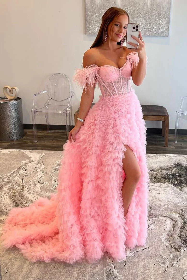 Blush Pink Off-Shoulder Feathered Corset Gown with Layered Ruffle Train