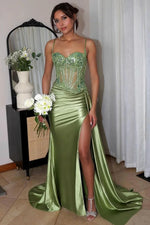 Stunning Mermaid Spaghetti Straps Long Glitter Prom Dress with High Slit