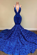 Halter Royal Blue Sleeveless Sequins Prom Dress Mermaid With Flowers Bottom