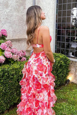 Chic A Line Spaghetti Straps Blue Floral Printed Long Party Dress