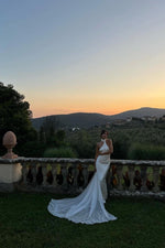 Elegant Mermaid Halter Neck White Long Bridal Dress with Sweep Train