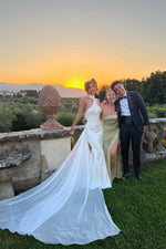 Elegant Mermaid Halter Neck White Long Bridal Dress with Sweep Train