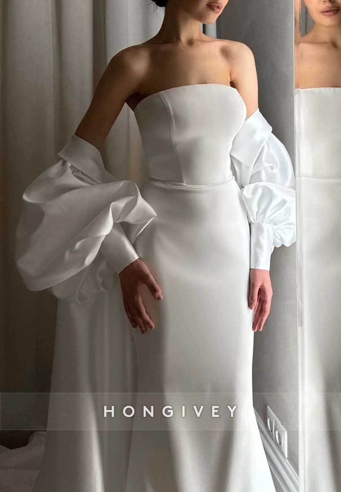 Sheath Simple Watteau Train Strapless Pleated Wedding Dresses