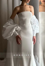 Sheath Simple Watteau Train Strapless Pleated Wedding Dresses