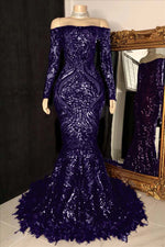 Hidais Long Sleeves Strapless Mermaid Prom Dress Sequins Burgundy With Feather