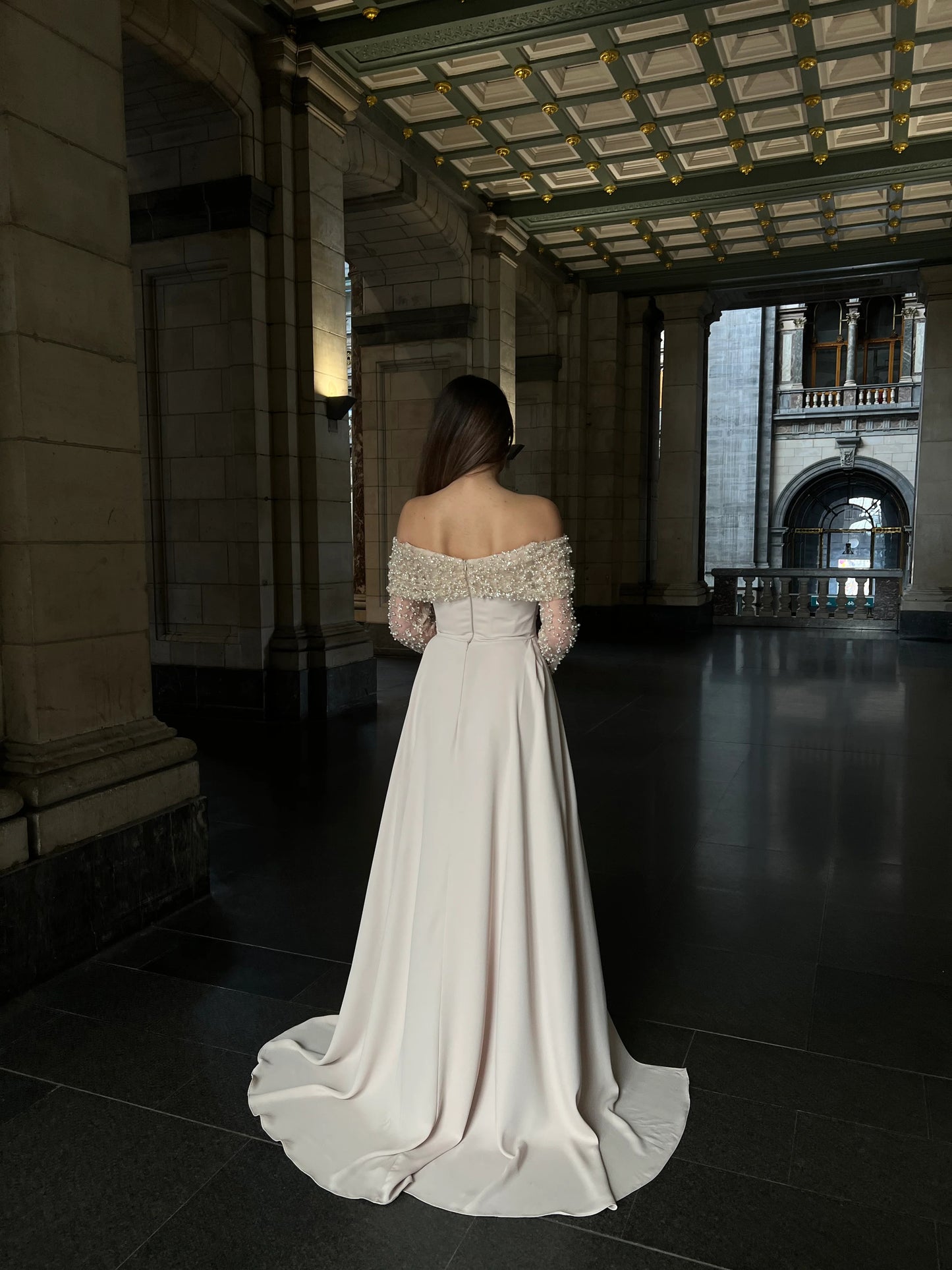 Beaded Sequins Lace Off the Shoulder Long Sleeve Mermiad Evening Dress Court Train