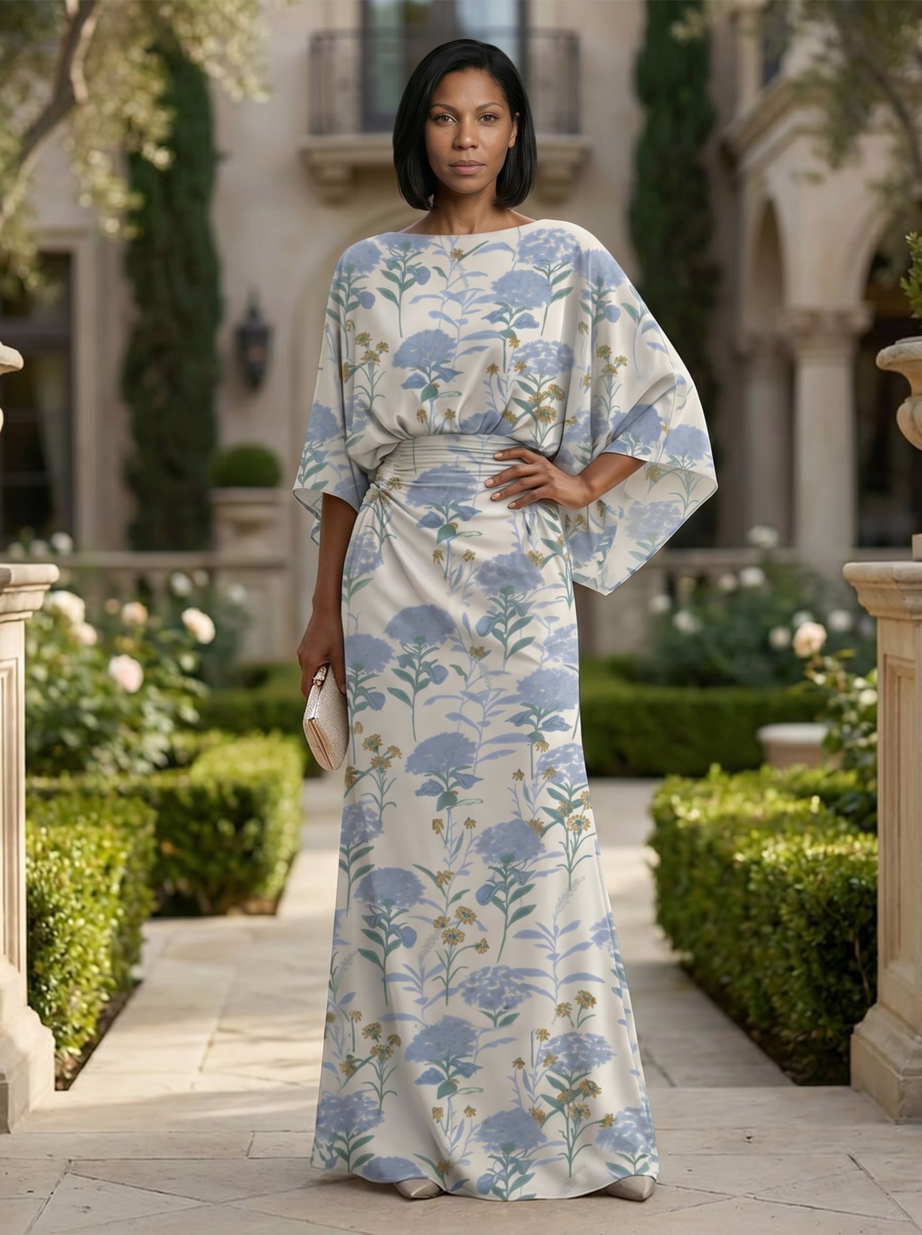 Sheath Chiffon Floral Print Cape Sleeves Mother of the Bride Groom Dresses for Formal Wedding