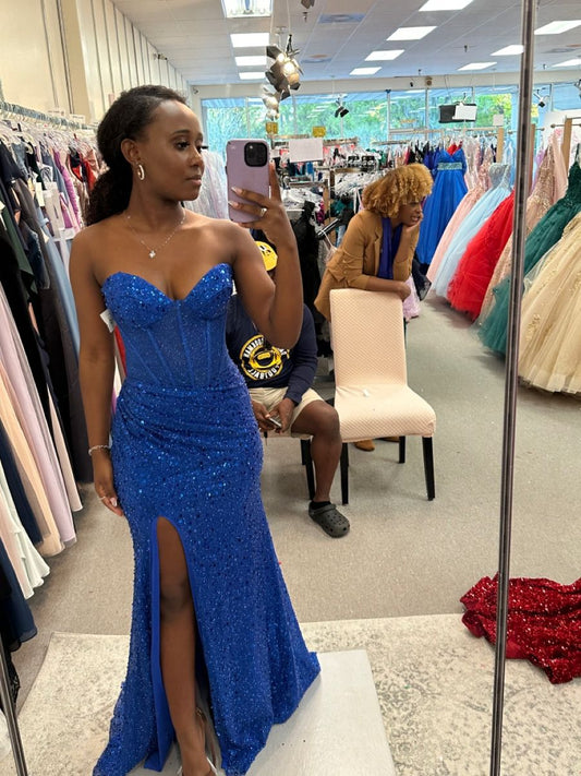 Modest Mermaid Sweetheart Royal Blue Sequin Black Women Prom Dresses With Slit Evening Party Formal Gown Birthday Gowns