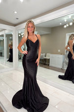 Mermaid V Neck Black Satin Long Prom Dresses with Beadings