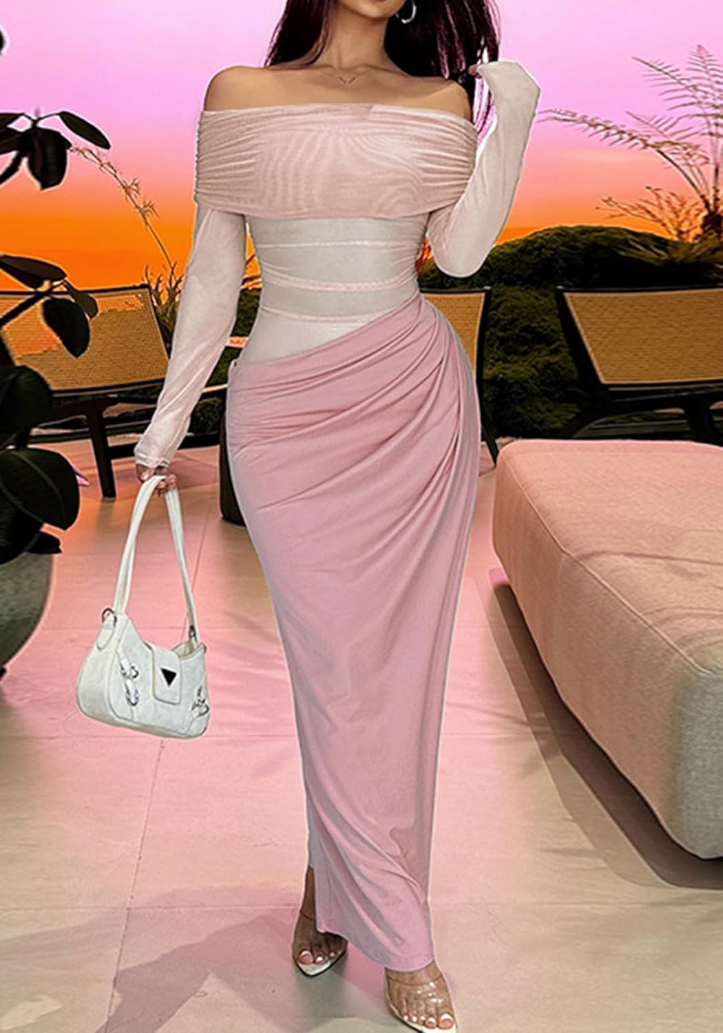 Sexy Mesh Off Shoulder Dress Elegant Sheer See Through Long Sleeve Ruched Bodycon Maxi Dresses