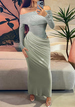 Sexy Mesh Off Shoulder Dress Elegant Sheer See Through Long Sleeve Ruched Bodycon Maxi Dresses