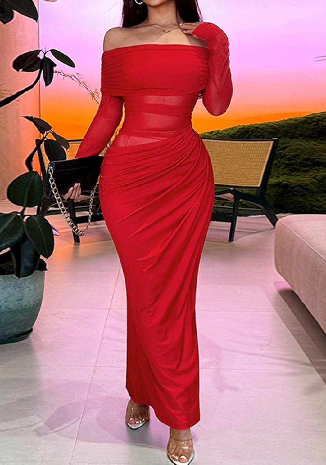 Sexy Mesh Off Shoulder Dress Elegant Sheer See Through Long Sleeve Ruched Bodycon Maxi Dresses