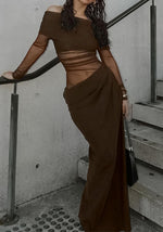 Sexy Mesh Off Shoulder Dress Elegant Sheer See Through Long Sleeve Ruched Bodycon Maxi Dresses