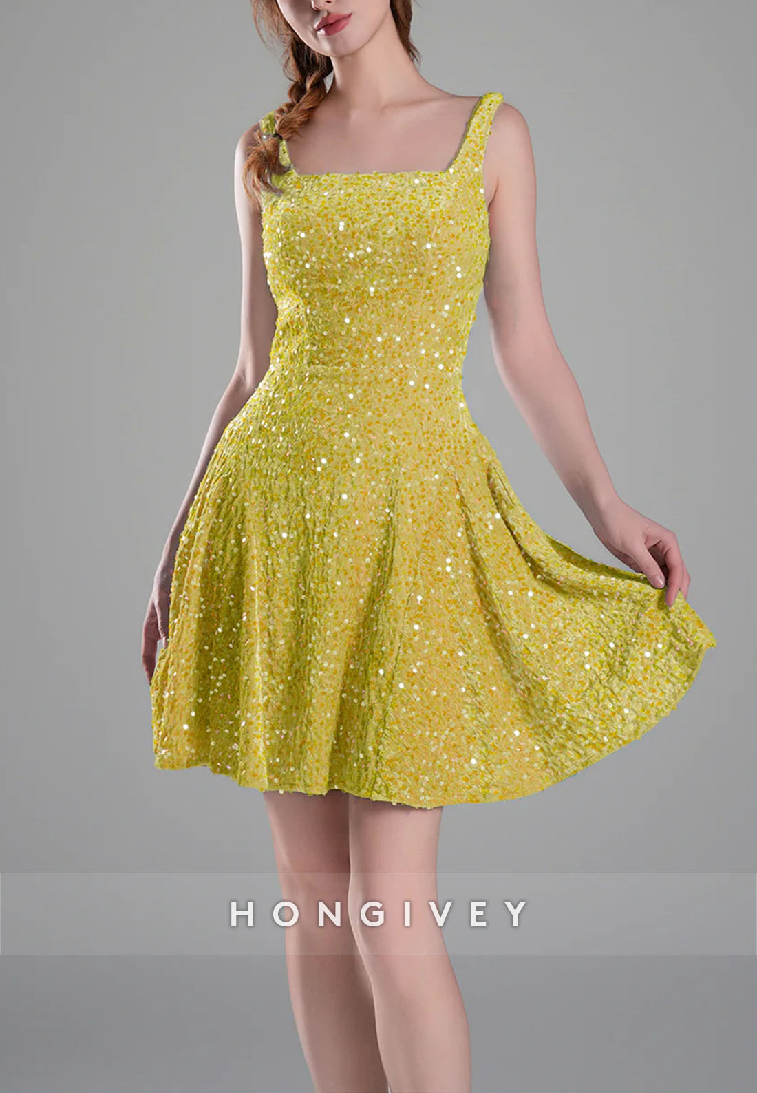 Square Neck Sequined A-Line Regular Straps Short Homecoming Dress