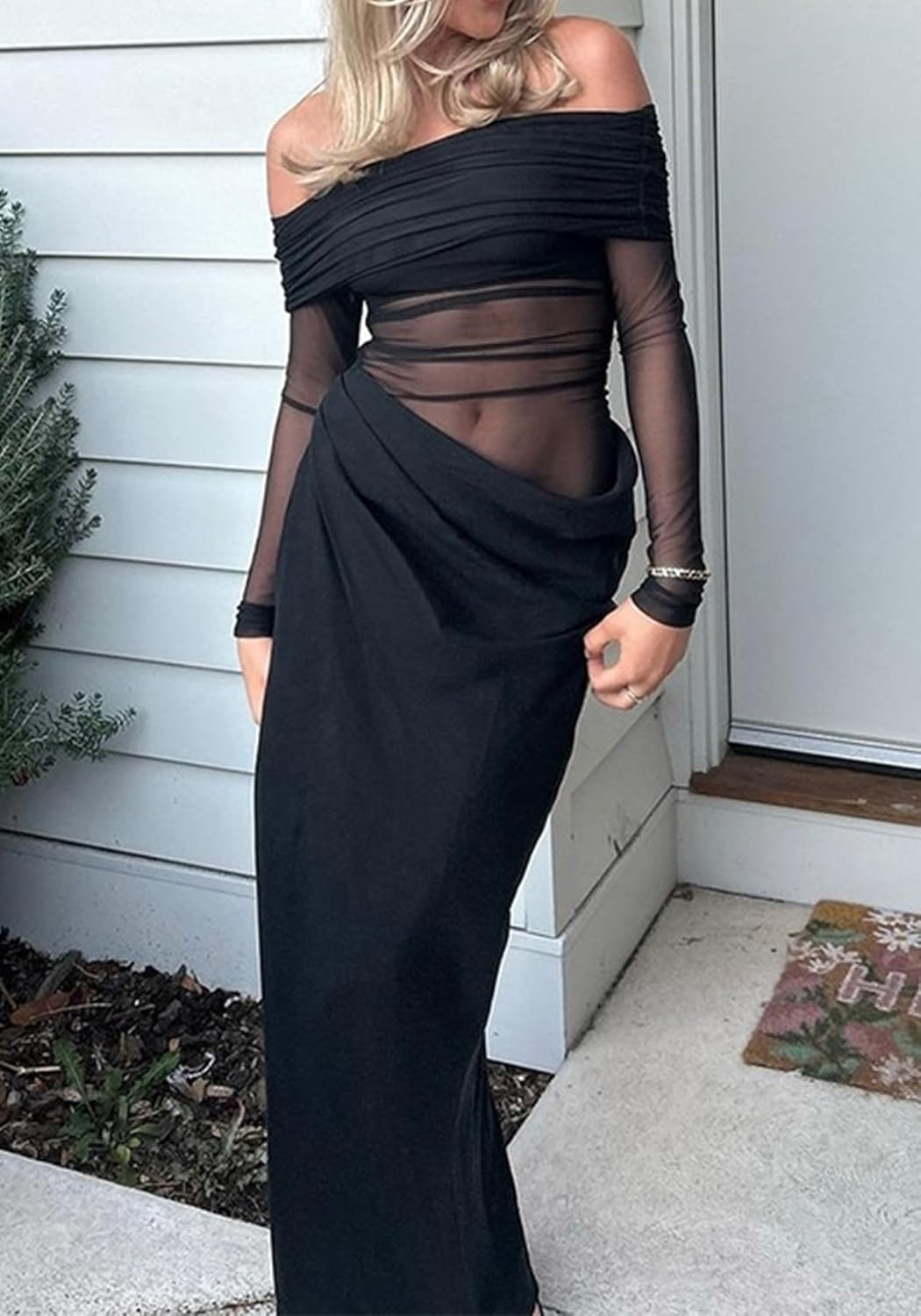 Sexy Mesh Off Shoulder Dress Elegant Sheer See Through Long Sleeve Ruched Bodycon Maxi Dresses