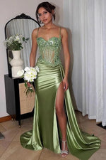 Sage Green Embellished Corset Satin Prom Dres with High Slit