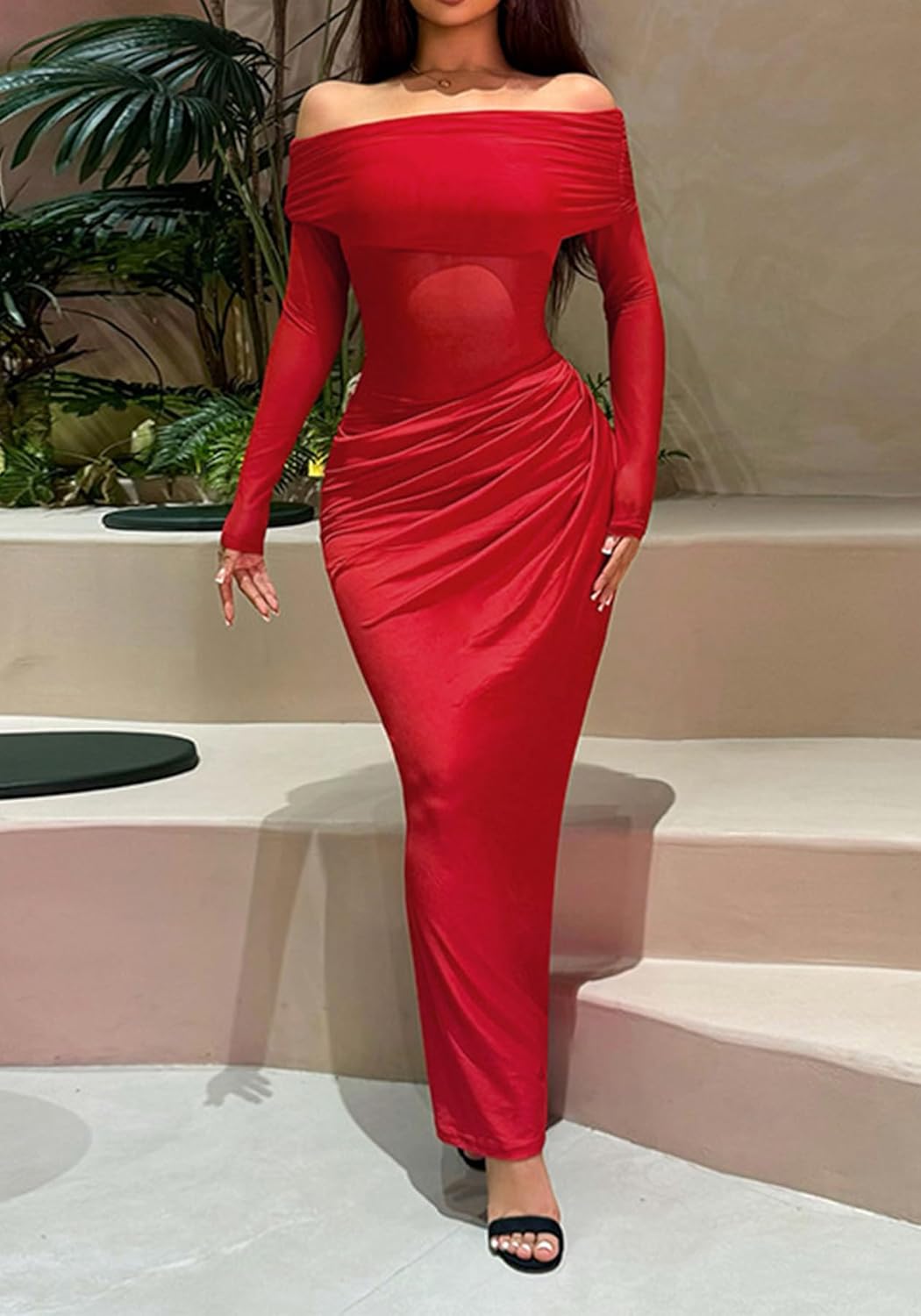 Sexy Mesh Off Shoulder Dress Elegant Sheer See Through Long Sleeve Ruched Bodycon Maxi Dresses
