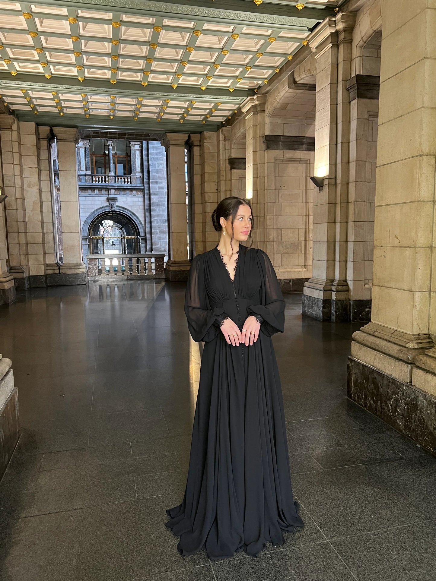 Simple V-Neck Long Sleeve Button A-Line Evening Dress