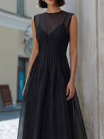 Sheer Illusion Pleated Waist Midi Dress