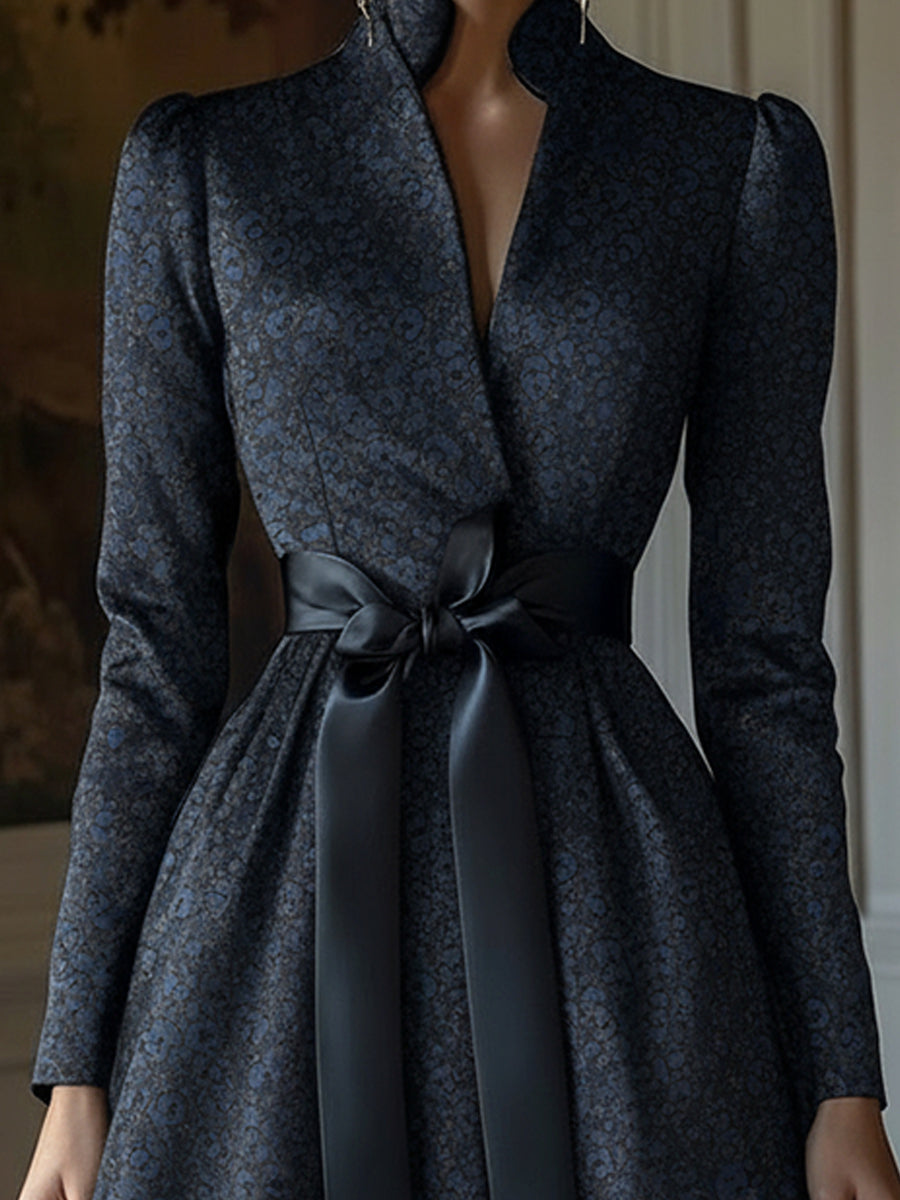 Navy Jacquard Long Sleeves A-Line Evening Gown With Satin Bow