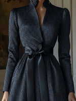Navy Jacquard Long Sleeves A-Line Evening Gown With Satin Bow
