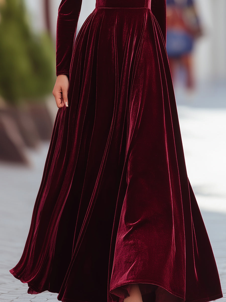Burgundy Velvet Long-Sleeve Evening Dress