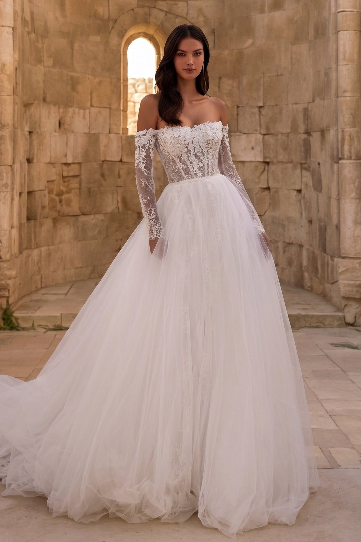 Off the Shoulder Lace Long Sleeve Tulle A-Line Wedding Dress