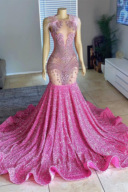 Pink Scoop Sleeveless Sequins Mermaid Prom Dresses Long With Beadings Crystals Feather