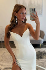Charming Mermaid V Neck White Satin Prom Dress with Side Slit