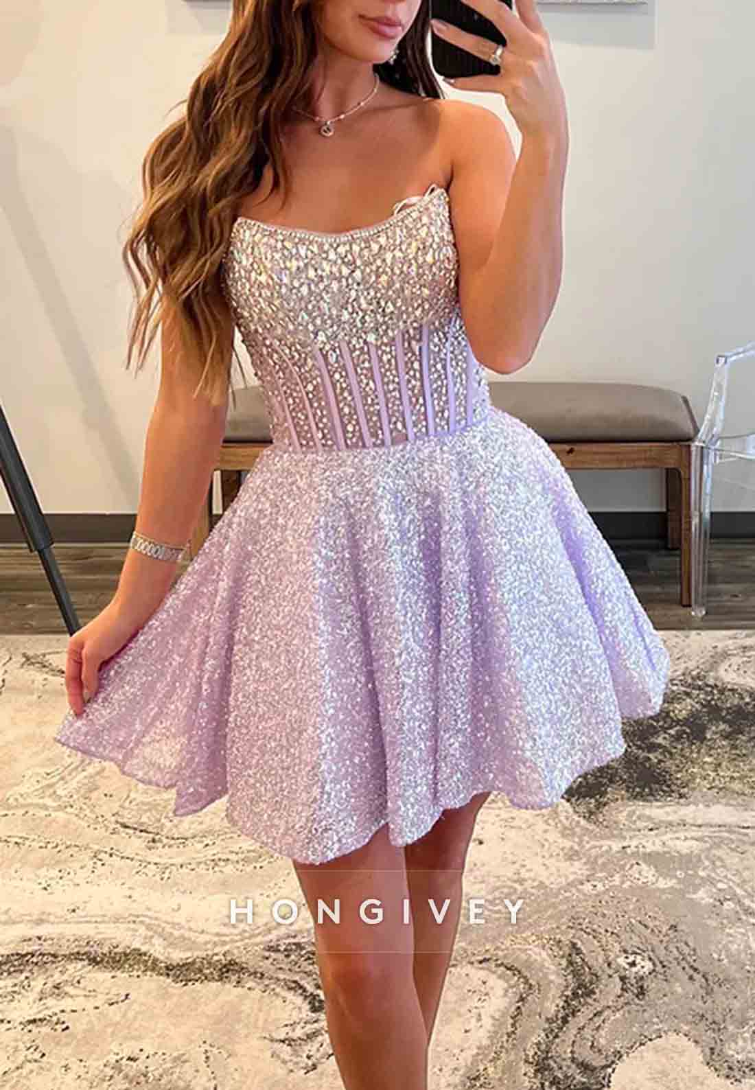 Strapless Corset Sparkly A Line Lilac Sequins Short Homecoming Dress with Beading