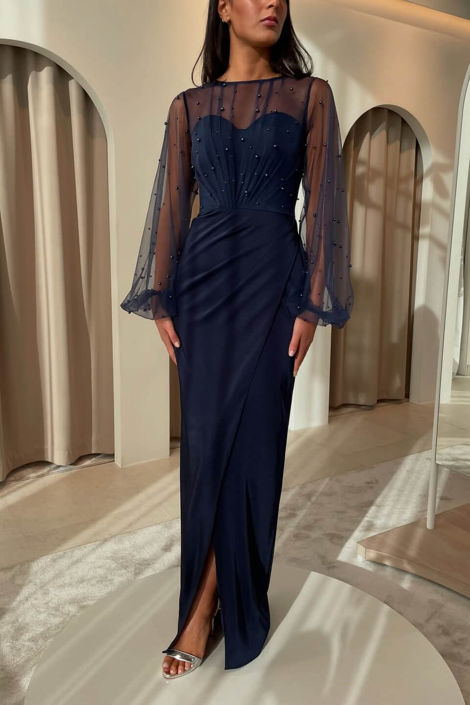 Dark Navy Long Sleeves Sheath Prom Dress Split With Pearls