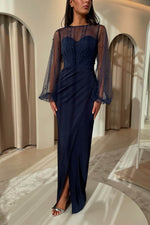 Dark Navy Long Sleeves Sheath Prom Dress Split With Pearls