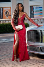 Modern Red V-Neck Sleeveless Split Prom Dress Tulle Long With Pearls