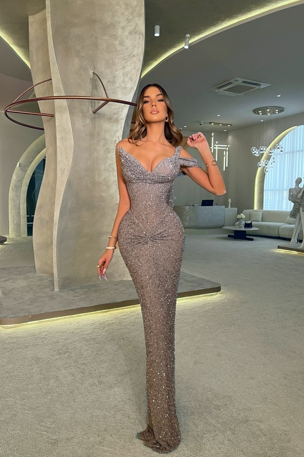 Off-The-Shoulder Sleeveless High Waist Long Mermaid Prom Dress With Sequins