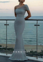 One Shoulder Evening Gowns Floor-Length Glitter Pleated Mermaid Maxi Dress