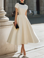 Contrast Collar Fit-and-Flare Midi Dress