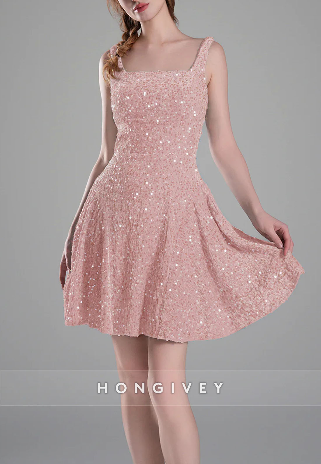 Square Neck Sequined A-Line Regular Straps Short Homecoming Dress