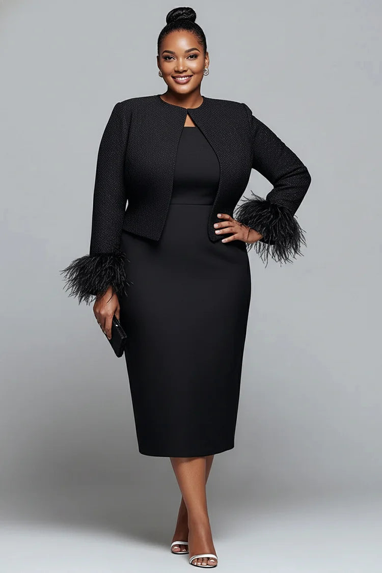 Plus Size Cocktail Party Black Round Neck Long Sleeve Feather Elegant Two Piece Dress Set [Pre-Order]