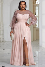 Plus Size Formal Blush Round Neck Long Sleeve Split Elegant See Through Sequin Chiffon Maxi Dresses