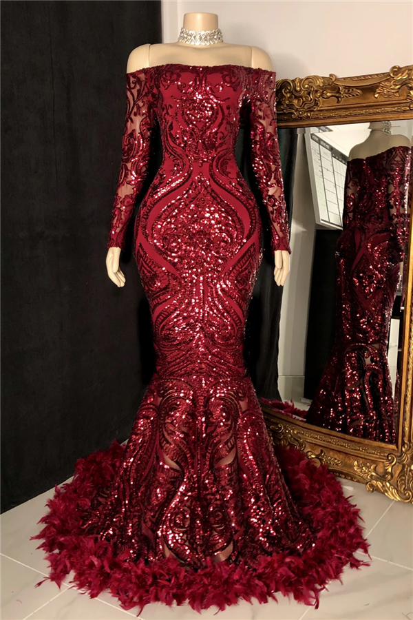 Hidais Long Sleeves Strapless Mermaid Prom Dress Sequins Burgundy With Feather