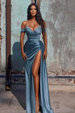 Mermaid Dusty Blue Off the Shoulder Sleeveless Prom Dress With High Split