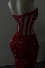Red Sweetheart Sleeveless Mermaid Prom Dress Sequins Split Long With Lce-up Back