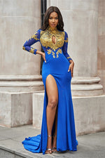Royal Blue High Neck Mermaid Long Sleeves Split Prom Dress With Appliques
